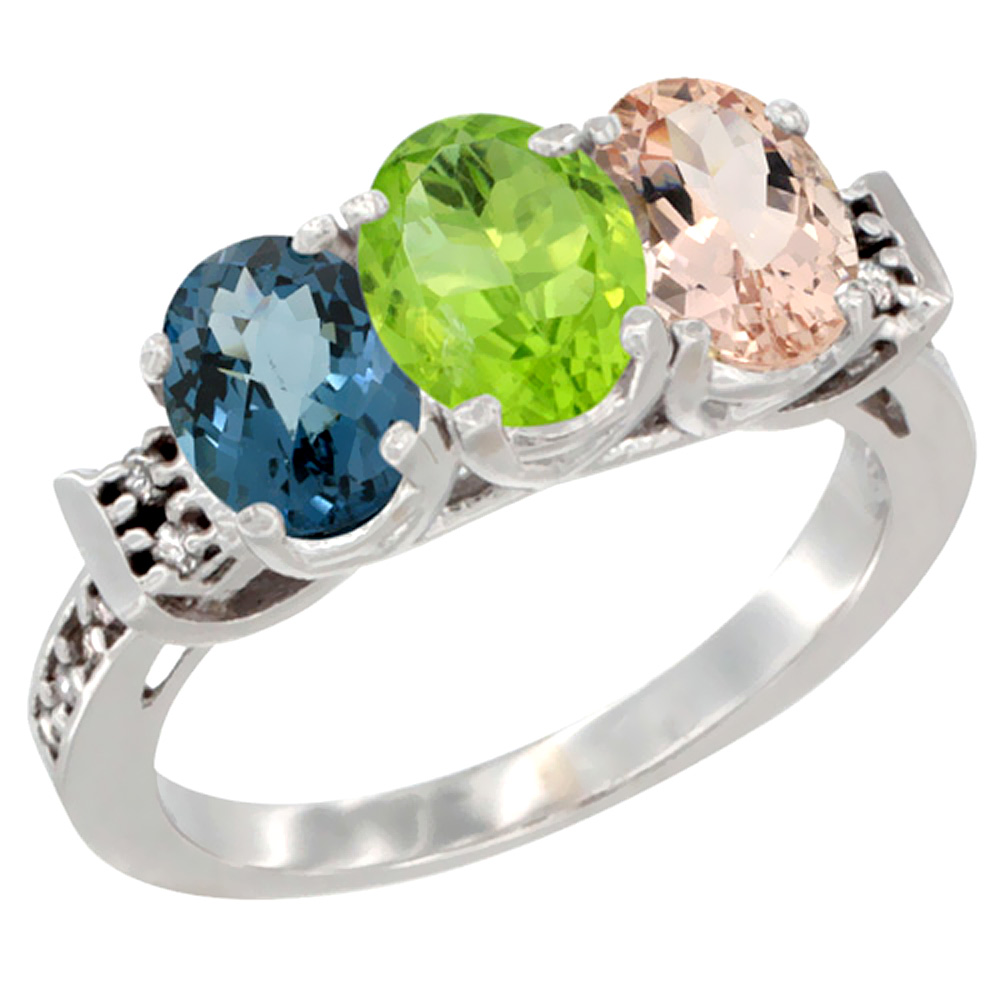 10K White Gold Natural London Blue Topaz, Peridot & Morganite Ring 3-Stone Oval 7x5 mm Diamond Accent, sizes 5 - 10