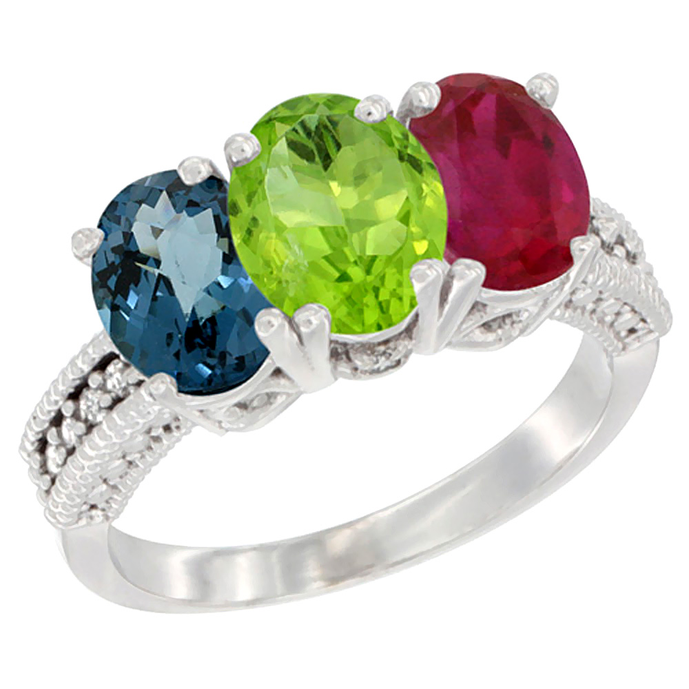 10K White Gold Natural London Blue Topaz, Peridot & Ruby Ring 3-Stone Oval 7x5 mm Diamond Accent, sizes 5 - 10