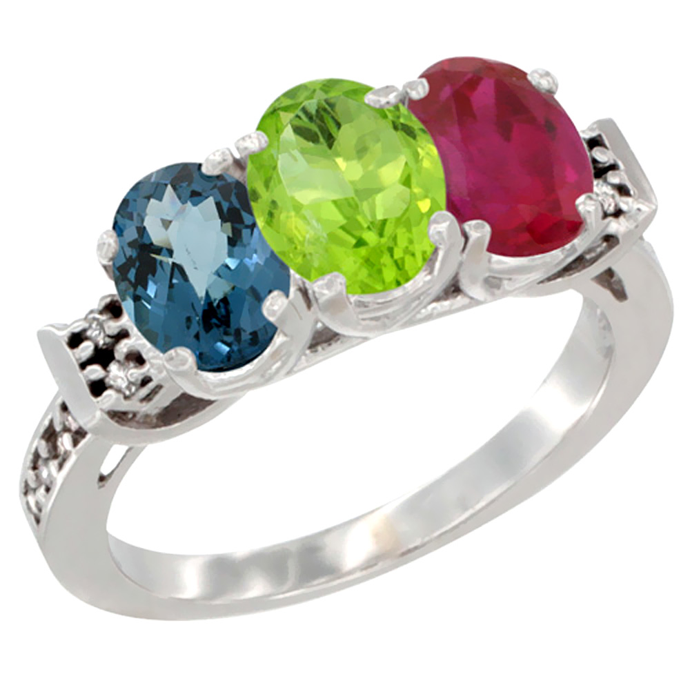 10K White Gold Natural London Blue Topaz, Peridot & Enhanced Ruby Ring 3-Stone Oval 7x5 mm Diamond Accent, sizes 5 - 10