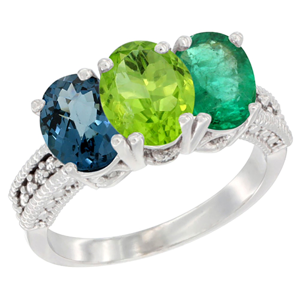 14K White Gold Natural London Blue Topaz, Peridot & Emerald Ring 3-Stone 7x5 mm Oval Diamond Accent, sizes 5 - 10