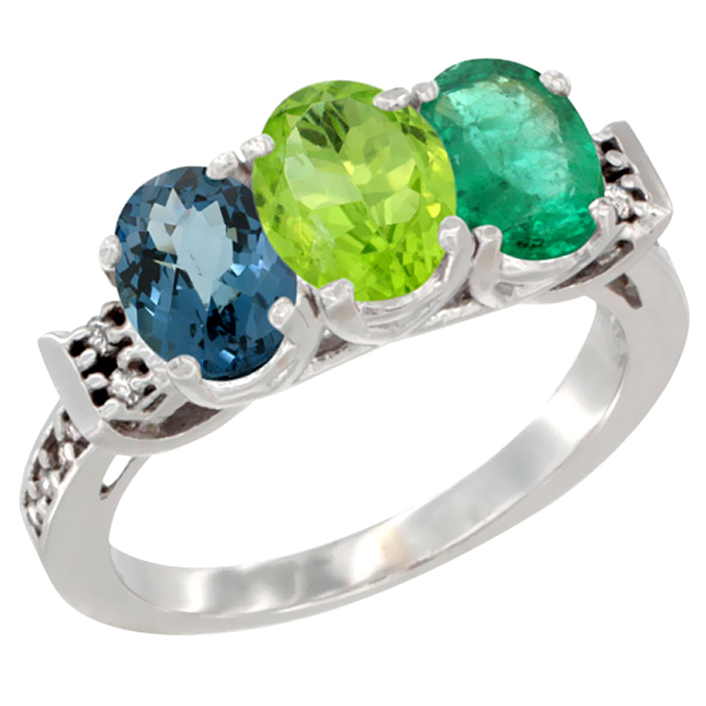 10K White Gold Natural London Blue Topaz, Peridot & Emerald Ring 3-Stone Oval 7x5 mm Diamond Accent, sizes 5 - 10