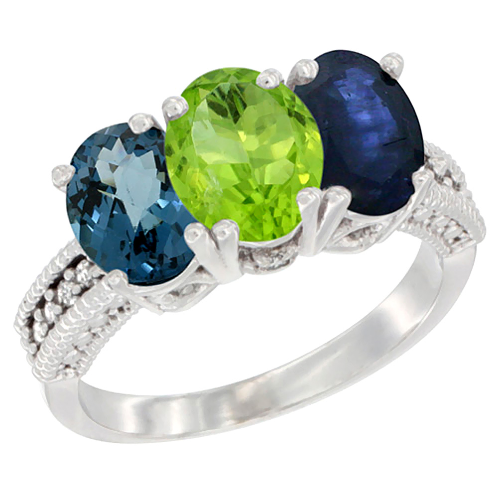 14K White Gold Natural London Blue Topaz, Peridot &amp; Blue Sapphire Ring 3-Stone 7x5 mm Oval Diamond Accent, sizes 5 - 10