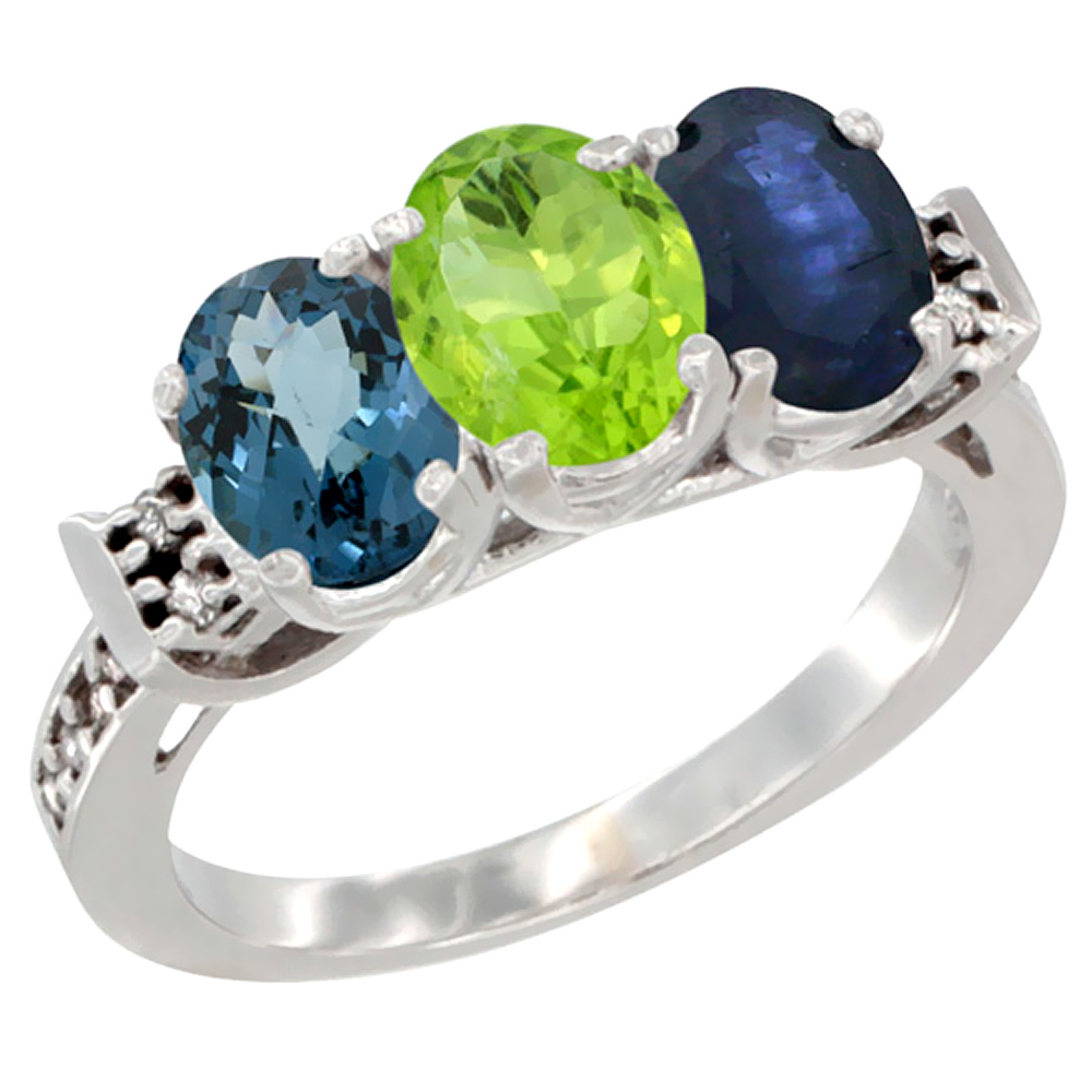 10K White Gold Natural London Blue Topaz, Peridot & Blue Sapphire Ring 3-Stone Oval 7x5 mm Diamond Accent, sizes 5 - 10