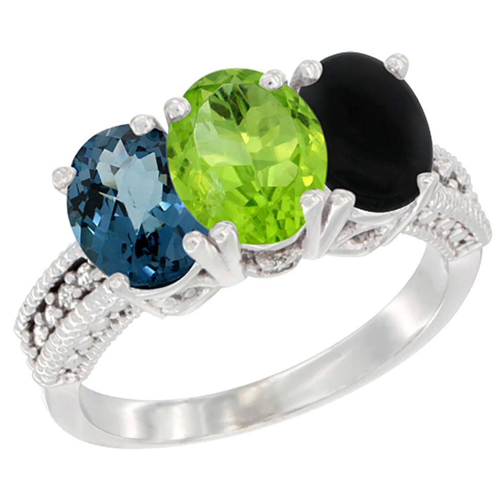 10K White Gold Natural London Blue Topaz, Peridot & Black Onyx Ring 3-Stone Oval 7x5 mm Diamond Accent, sizes 5 - 10