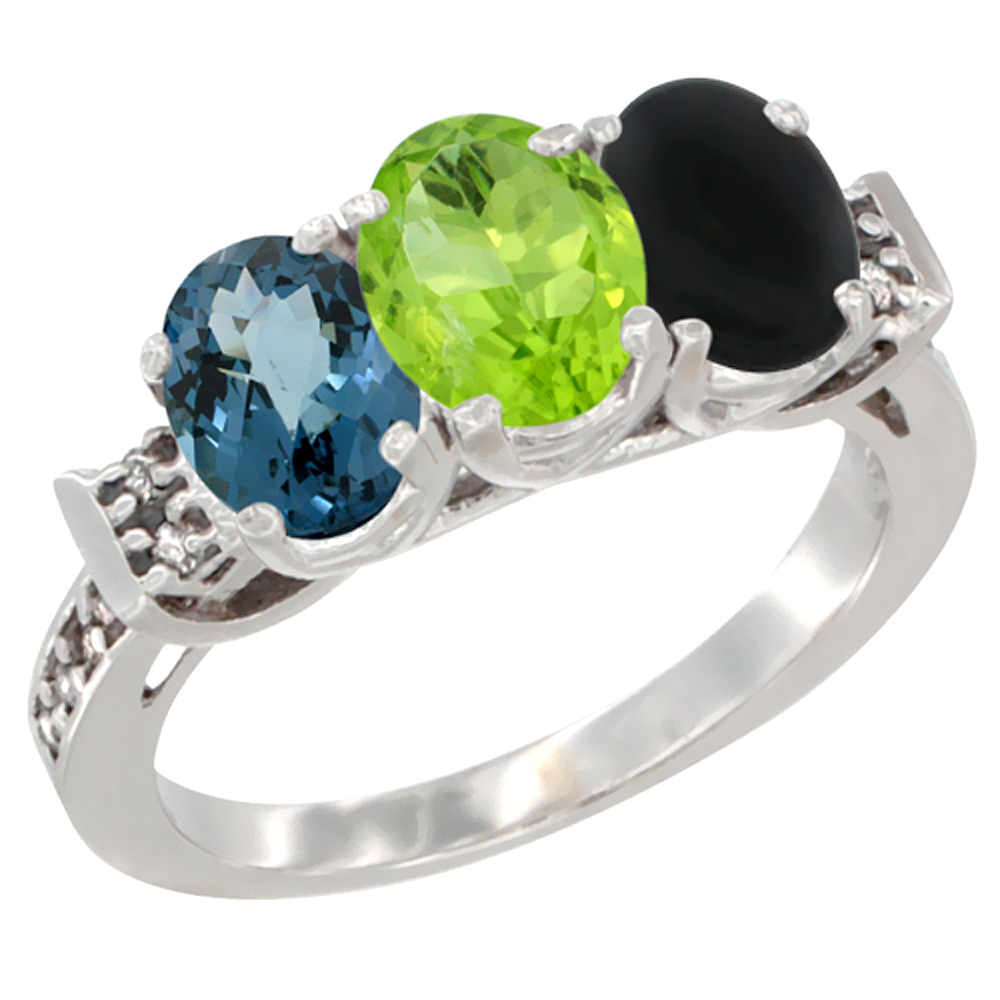 10K White Gold Natural London Blue Topaz, Peridot &amp; Black Onyx Ring 3-Stone Oval 7x5 mm Diamond Accent, sizes 5 - 10