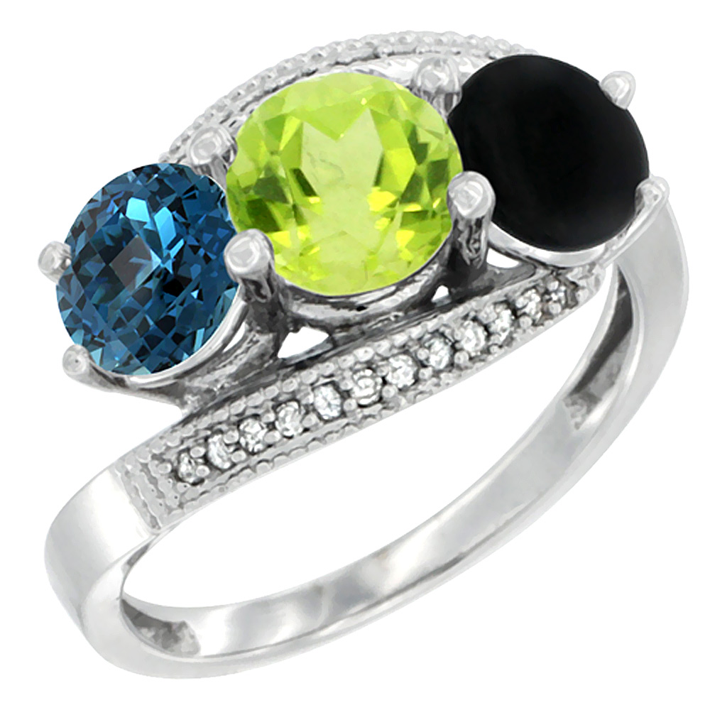 10K White Gold Natural London Blue Topaz, Peridot &amp; Black Onyx 3 stone Ring Round 6mm Diamond Accent, sizes 5 - 10