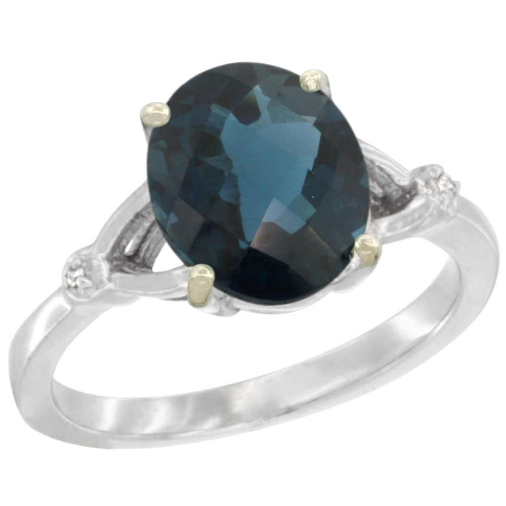 10K White Gold Diamond Natural London Blue Topaz Engagement Ring Oval 10x8mm, sizes 5-10