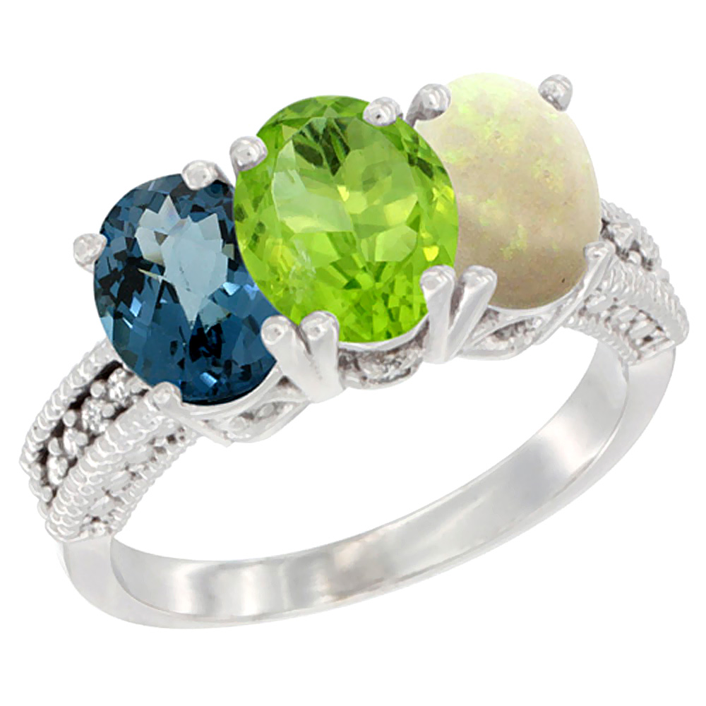 14K White Gold Natural London Blue Topaz, Peridot & Opal Ring 3-Stone 7x5 mm Oval Diamond Accent, sizes 5 - 10