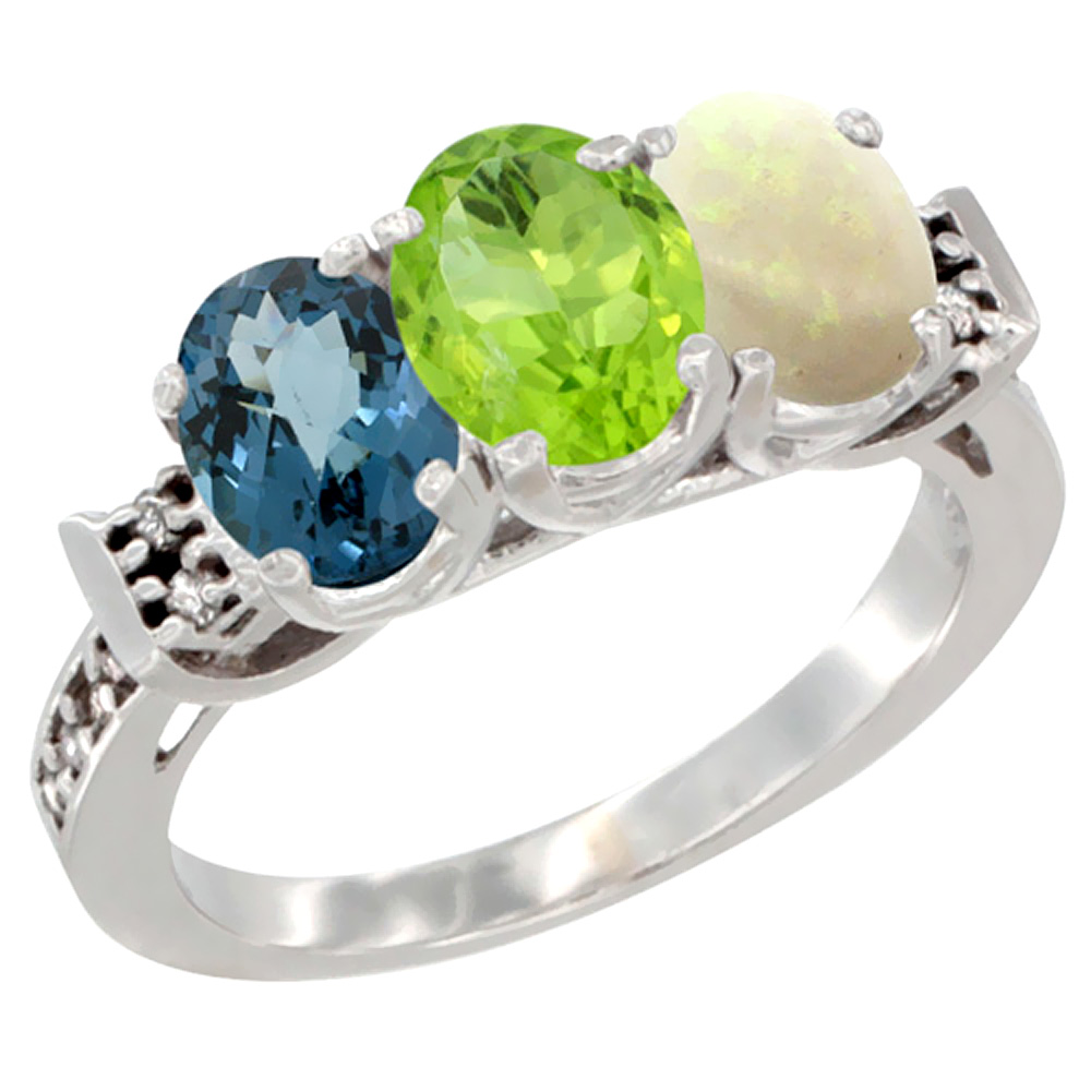 14K White Gold Natural London Blue Topaz, Peridot &amp; Opal Ring 3-Stone 7x5 mm Oval Diamond Accent, sizes 5 - 10