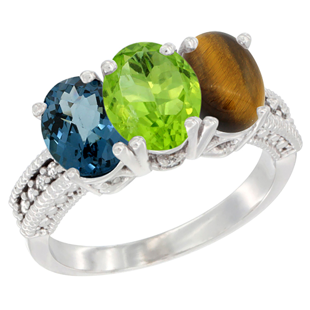 10K White Gold Natural London Blue Topaz, Peridot & Tiger Eye Ring 3-Stone Oval 7x5 mm Diamond Accent, sizes 5 - 10