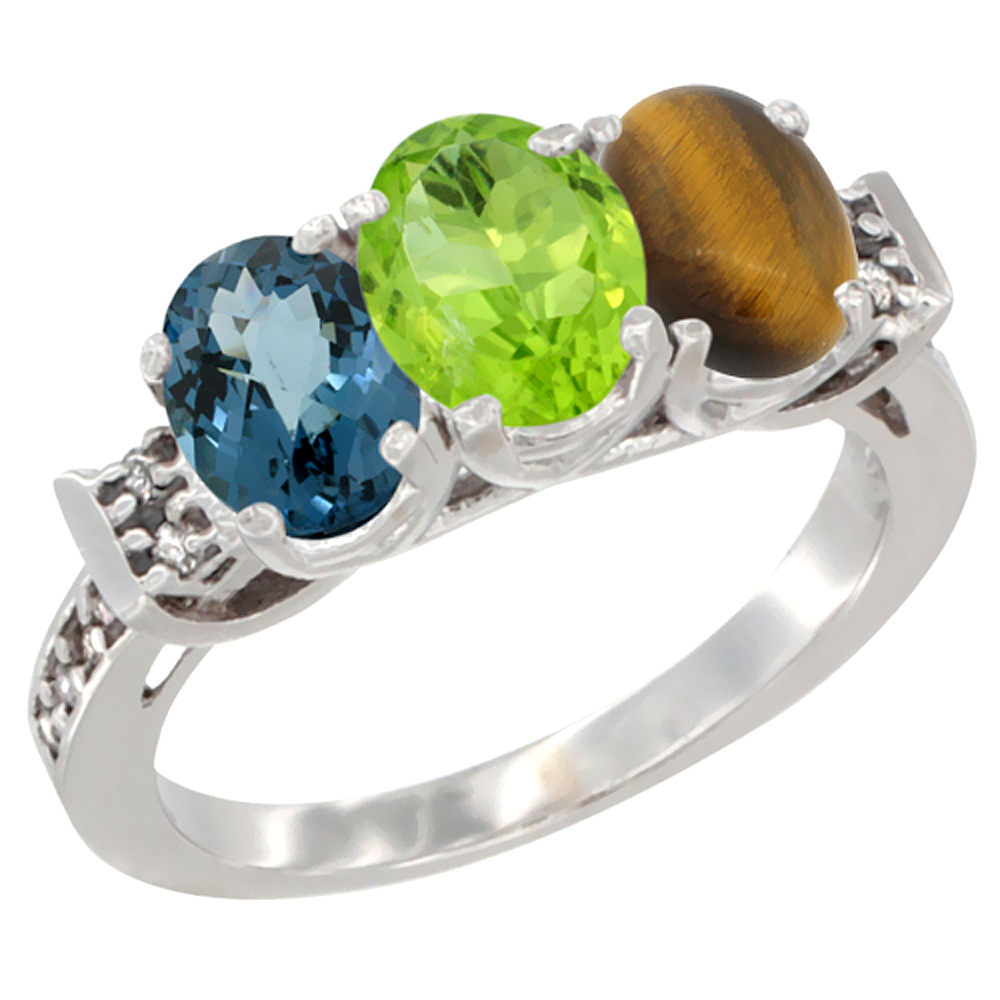 10K White Gold Natural London Blue Topaz, Peridot & Tiger Eye Ring 3-Stone Oval 7x5 mm Diamond Accent, sizes 5 - 10