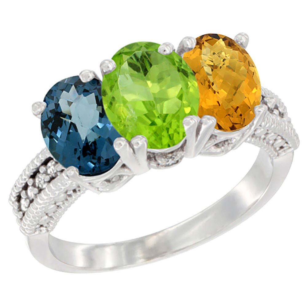 14K White Gold Natural London Blue Topaz, Peridot &amp; Whisky Quartz Ring 3-Stone 7x5 mm Oval Diamond Accent, sizes 5 - 10