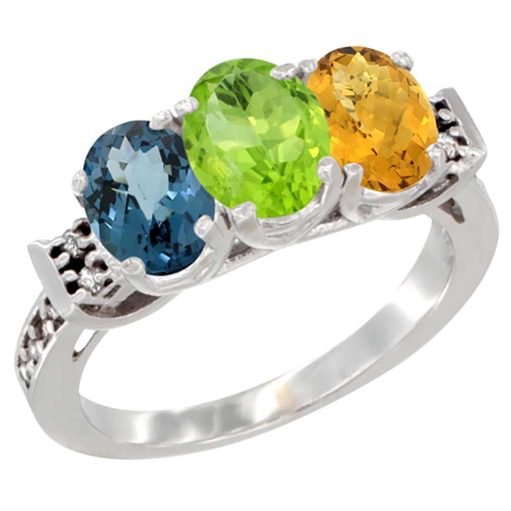 10K White Gold Natural London Blue Topaz, Peridot & Whisky Quartz Ring 3-Stone Oval 7x5 mm Diamond Accent, sizes 5 - 10