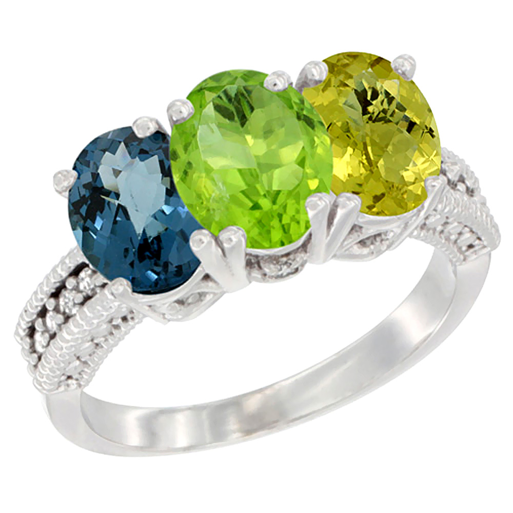 14K White Gold Natural London Blue Topaz, Peridot & Lemon Quartz Ring 3-Stone 7x5 mm Oval Diamond Accent, sizes 5 - 10