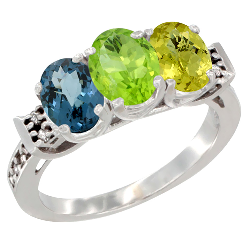 10K White Gold Natural London Blue Topaz, Peridot &amp; Lemon Quartz Ring 3-Stone Oval 7x5 mm Diamond Accent, sizes 5 - 10