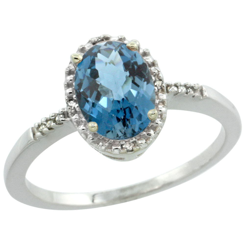 14K White Gold Diamond Natural London Blue Topaz Ring Oval 8x6mm, sizes 5-10