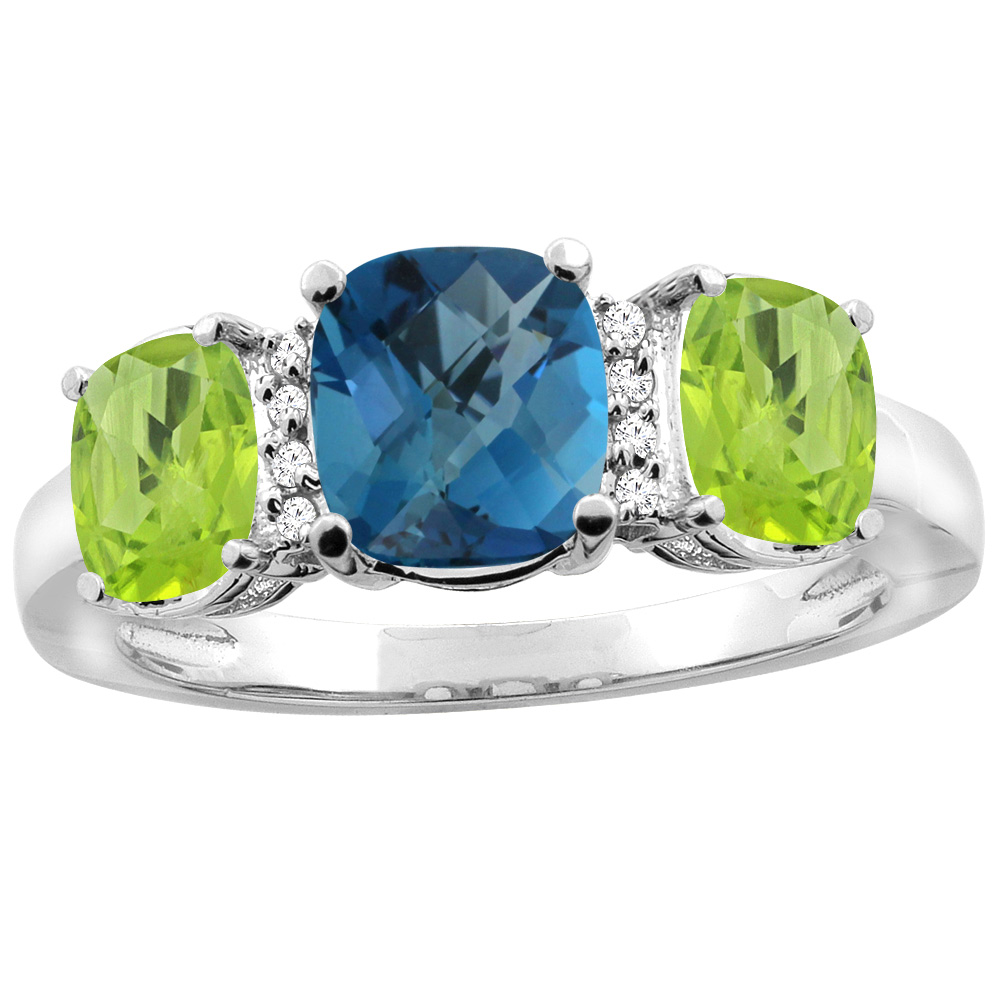 10K Yellow Gold Natural London Blue Topaz & Peridot 3-stone Ring Cushion 8x6mm Diamond Accent, sizes 5 - 10