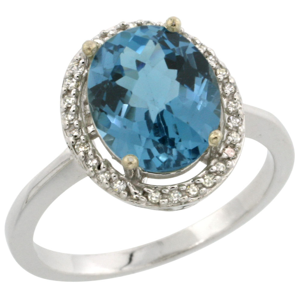 14K White Gold Diamond Natural London Blue Topaz Engagement Ring Oval 10x8mm, sizes 5-10