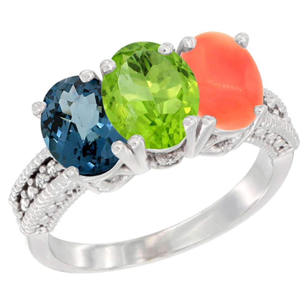 14K White Gold Natural London Blue Topaz, Peridot & Coral Ring 3-Stone 7x5 mm Oval Diamond Accent, sizes 5 - 10