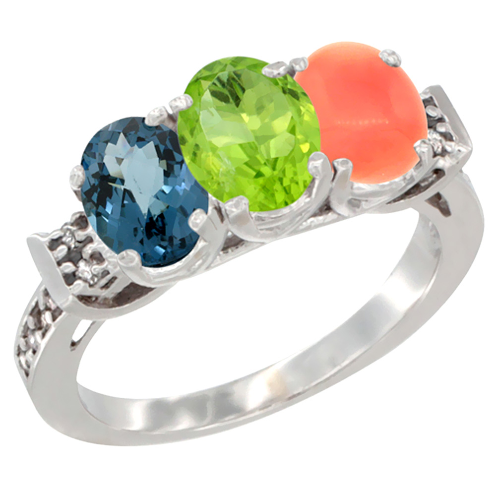 14K White Gold Natural London Blue Topaz, Peridot &amp; Coral Ring 3-Stone 7x5 mm Oval Diamond Accent, sizes 5 - 10