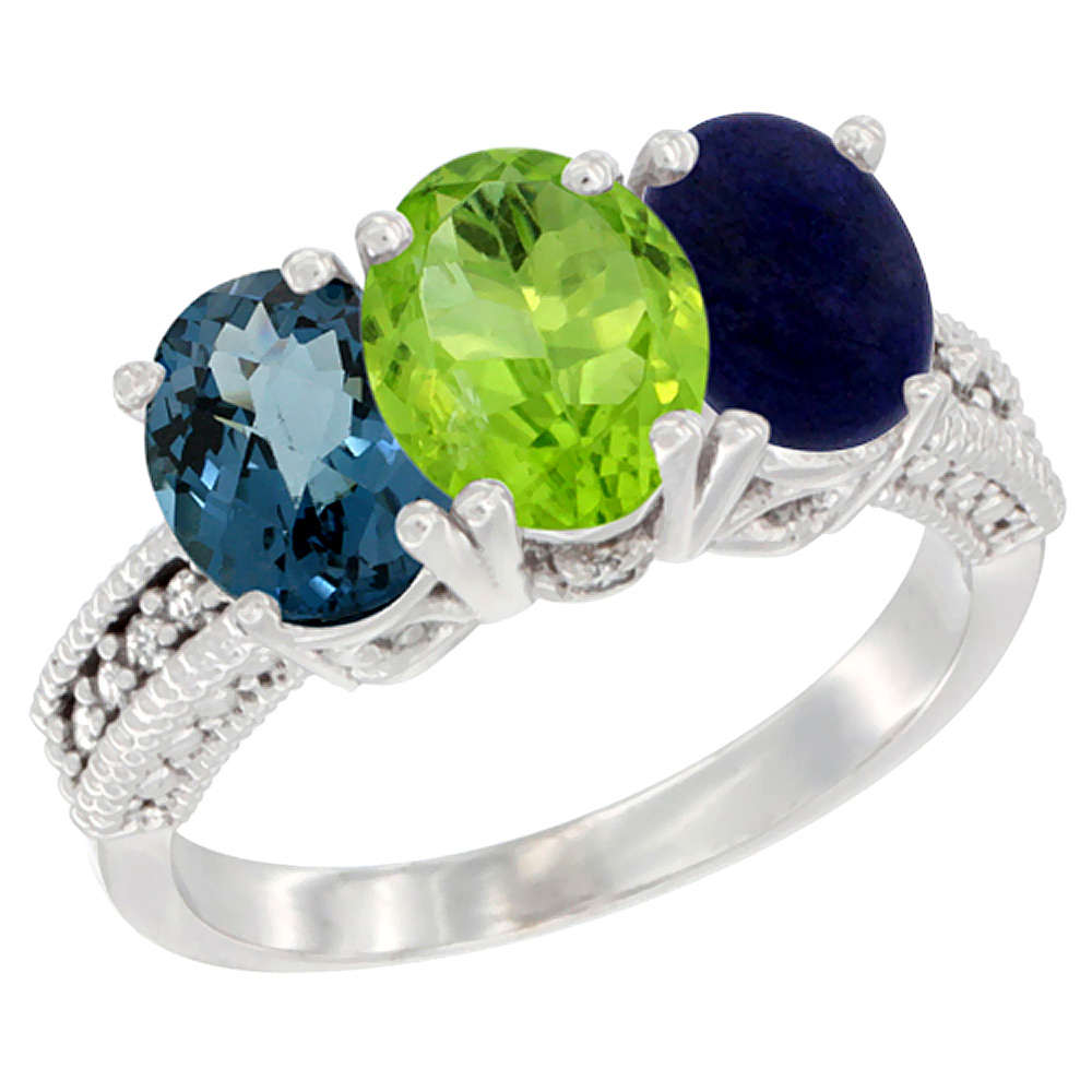 10K White Gold Natural London Blue Topaz, Peridot &amp; Lapis Ring 3-Stone Oval 7x5 mm Diamond Accent, sizes 5 - 10