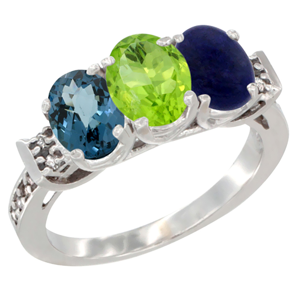 10K White Gold Natural London Blue Topaz, Peridot &amp; Lapis Ring 3-Stone Oval 7x5 mm Diamond Accent, sizes 5 - 10