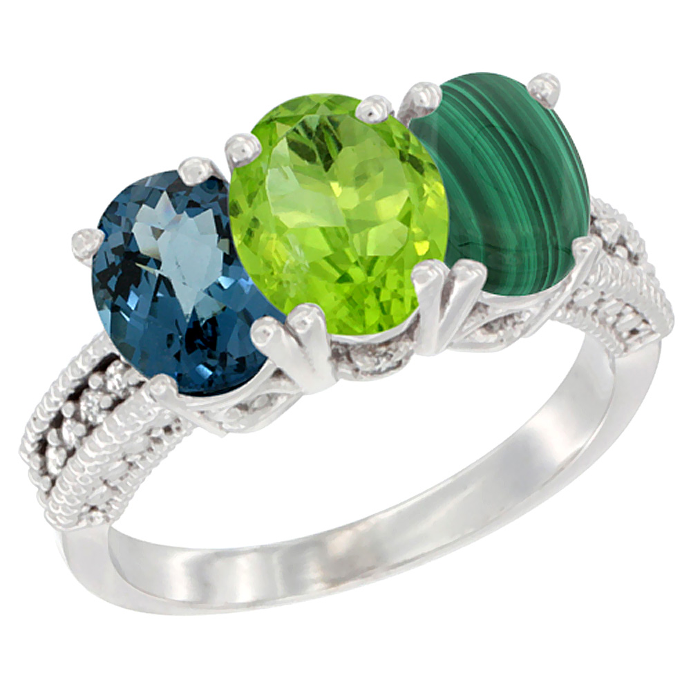 10K White Gold Natural London Blue Topaz, Peridot & Malachite Ring 3-Stone Oval 7x5 mm Diamond Accent, sizes 5 - 10