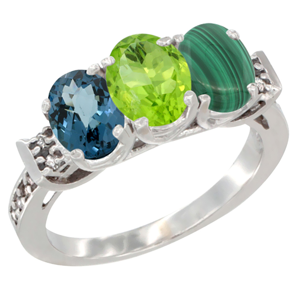 10K White Gold Natural London Blue Topaz, Peridot & Malachite Ring 3-Stone Oval 7x5 mm Diamond Accent, sizes 5 - 10