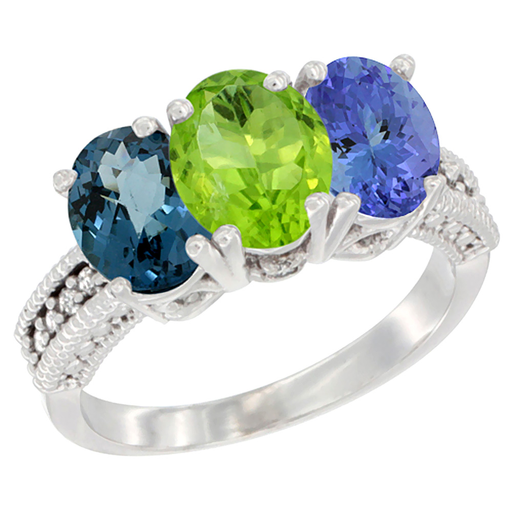 10K White Gold Natural London Blue Topaz, Peridot &amp; Tanzanite Ring 3-Stone Oval 7x5 mm Diamond Accent, sizes 5 - 10