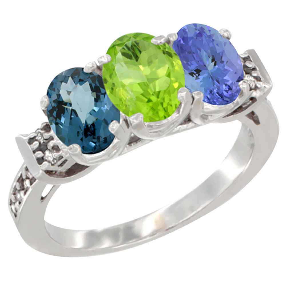 10K White Gold Natural London Blue Topaz, Peridot & Tanzanite Ring 3-Stone Oval 7x5 mm Diamond Accent, sizes 5 - 10