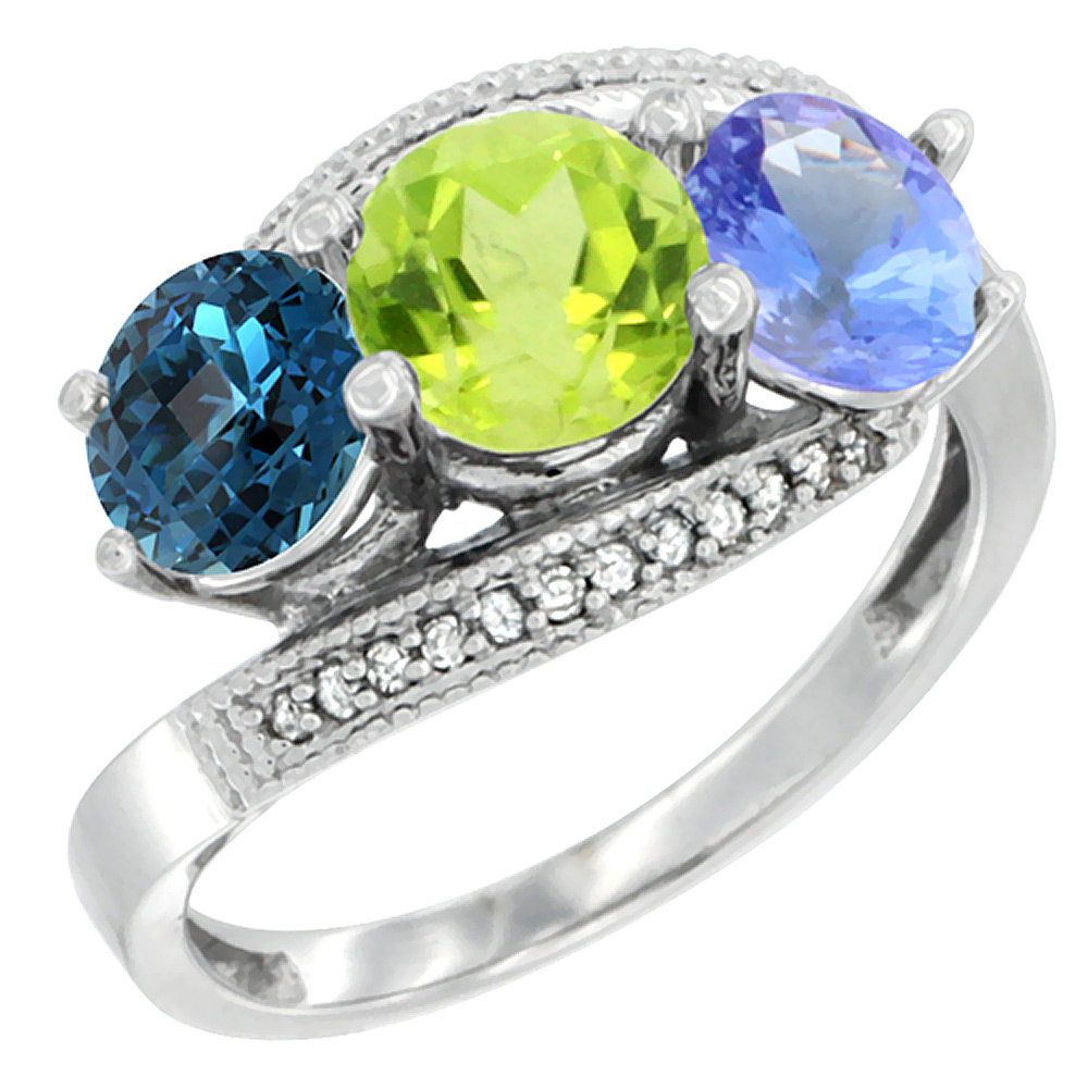 14K White Gold Natural London Blue Topaz, Peridot &amp; Tanzanite 3 stone Ring Round 6mm Diamond Accent, sizes 5 - 10