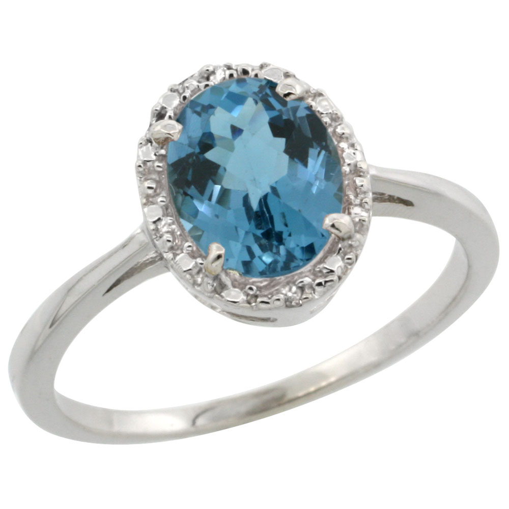 10k White Gold Natural London Blue Topaz Ring Oval 8x6 mm Diamond Halo, sizes 5-10