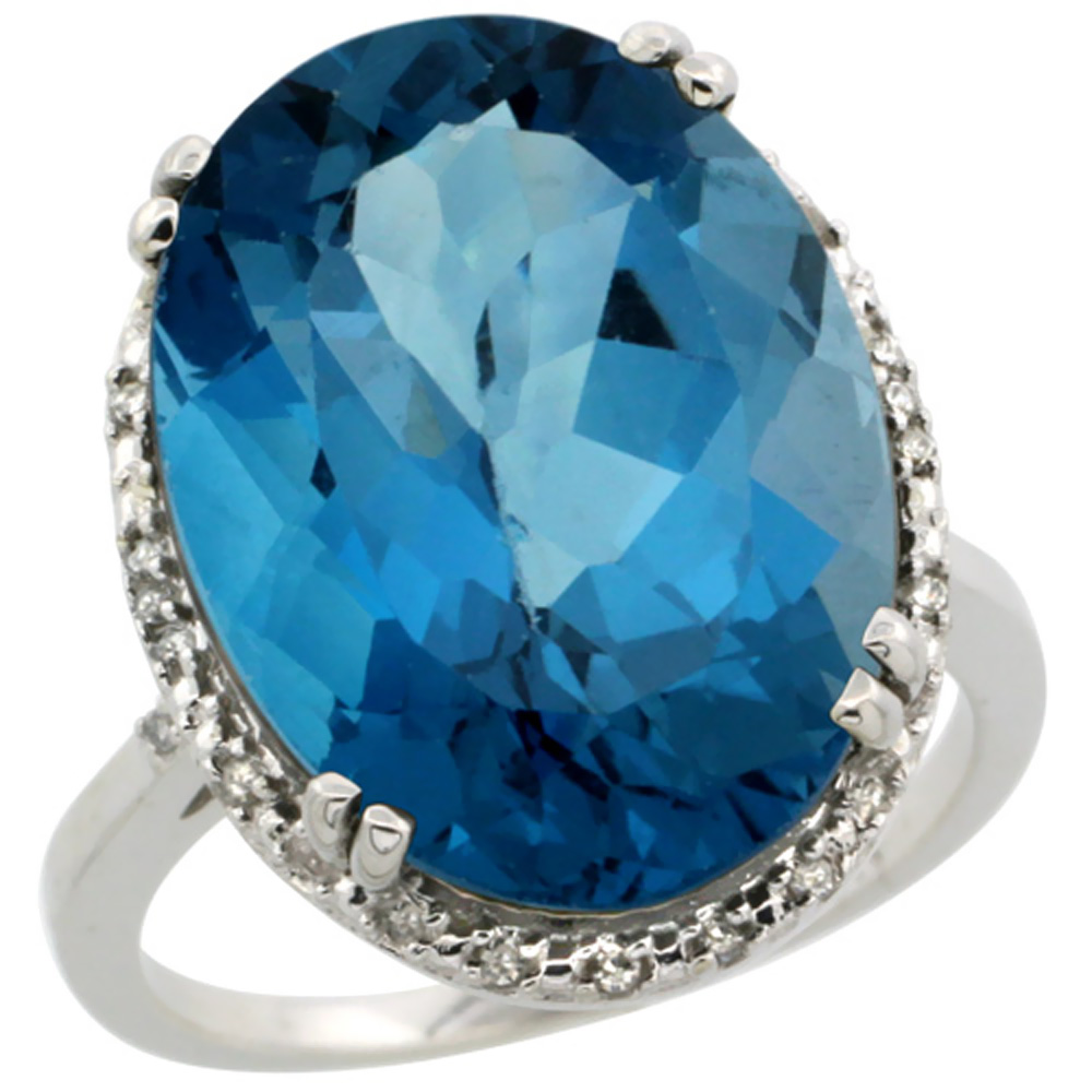 10k White Gold Natural London Blue Topaz Ring Large Oval 18x13mm Diamond Halo, sizes 5-10