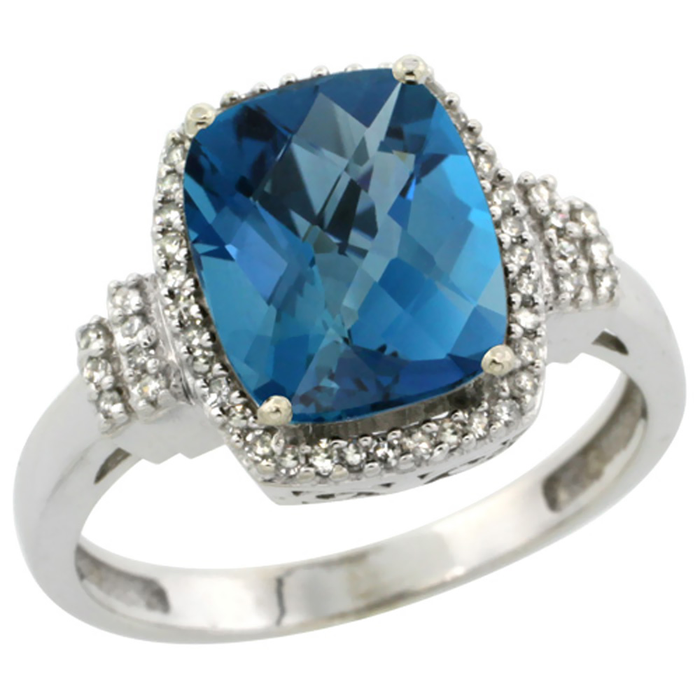 14K White Gold Natural London Blue Topaz Ring Cushion-cut 9x7mm Diamond Halo, sizes 5-10