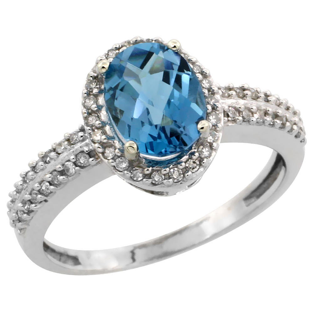 14K White Gold Natural London Blue Topaz Ring Oval 8x6mm Diamond Halo, sizes 5-10