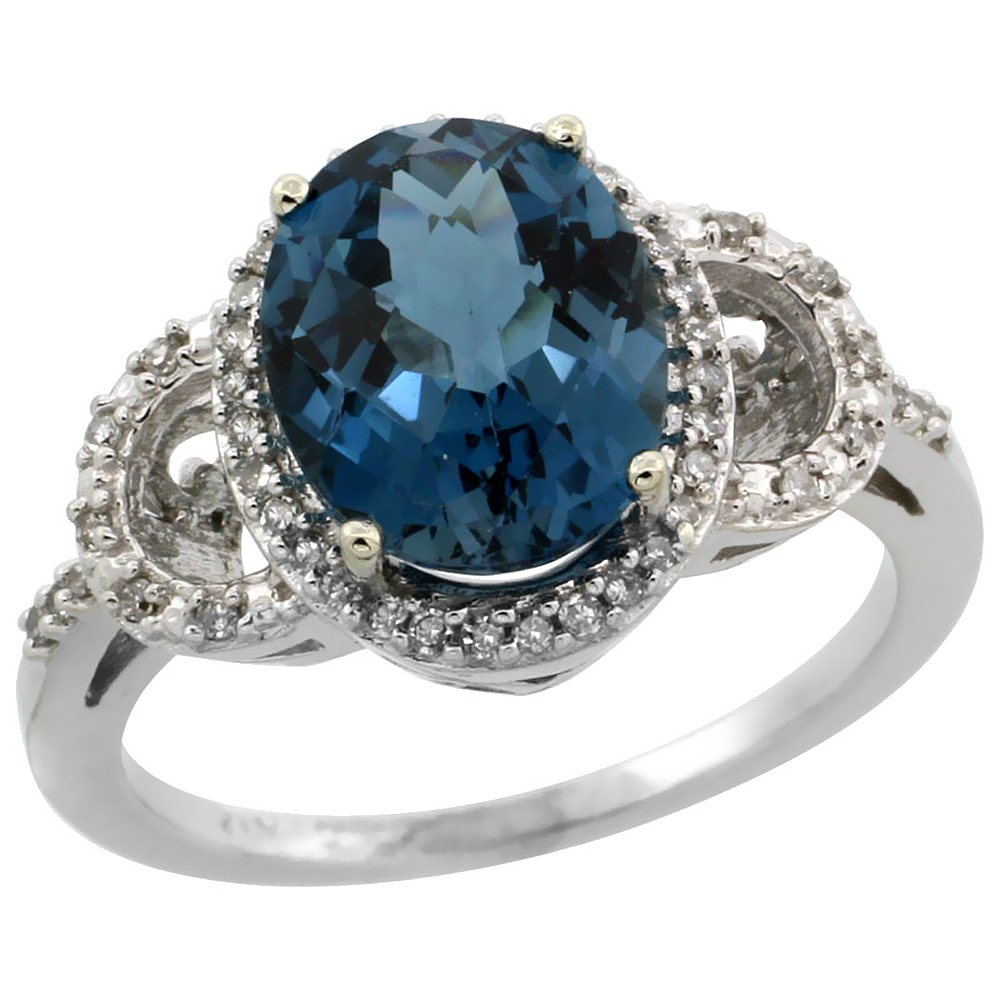 14K White Gold Diamond Natural London Blue Topaz Engagement Ring Oval 10x8mm, sizes 5-10