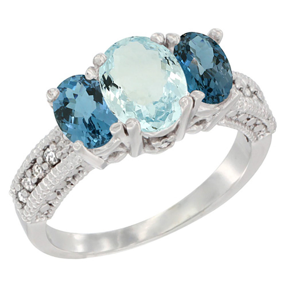 10K White Gold Diamond Natural Aquamarine Ring Oval 3-stone with London Blue Topaz, sizes 5 - 10