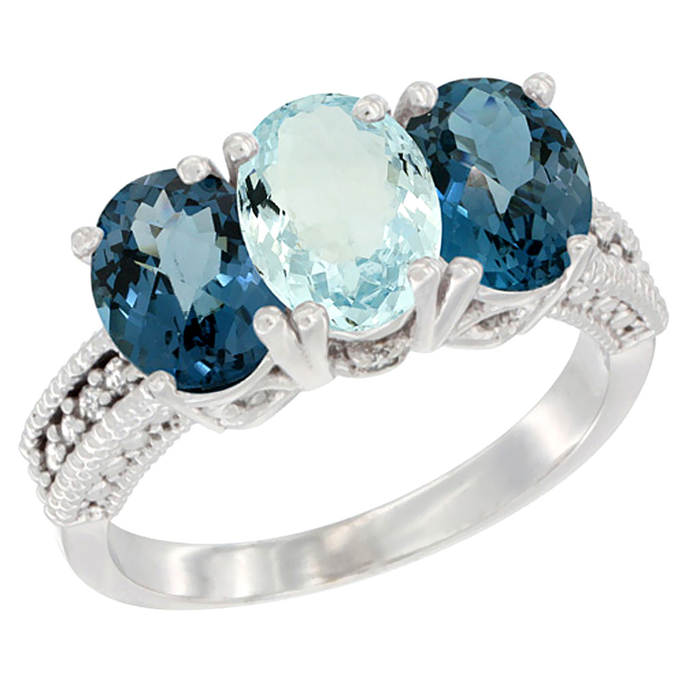 10K White Gold Natural Aquamarine &amp; London Blue Topaz Sides Ring 3-Stone Oval 7x5 mm Diamond Accent, sizes 5 - 10