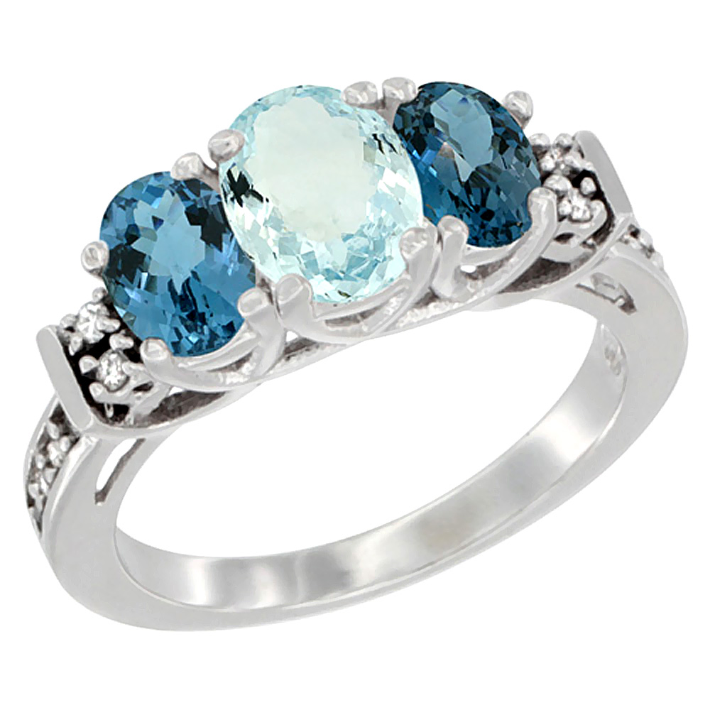 14K White Gold Natural Aquamarine & London Blue Ring 3-Stone Oval Diamond Accent, sizes 5-10