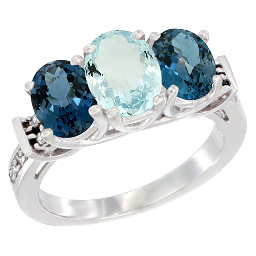 14K White Gold Natural Aquamarine & London Blue Topaz Sides Ring 3-Stone Oval Diamond Accent, sizes 5 - 10