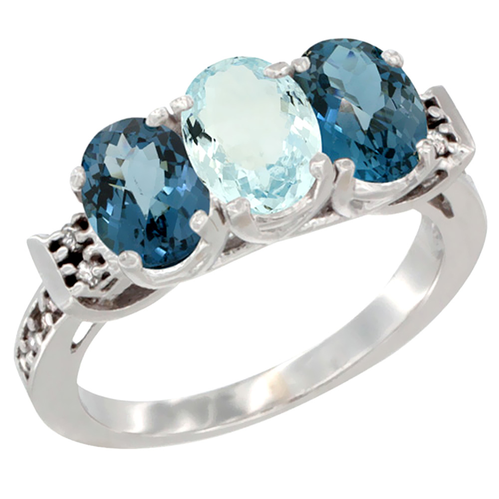 14K White Gold Natural Aquamarine & London Blue Topaz Sides Ring 3-Stone 7x5 mm Oval Diamond Accent, sizes 5 - 10