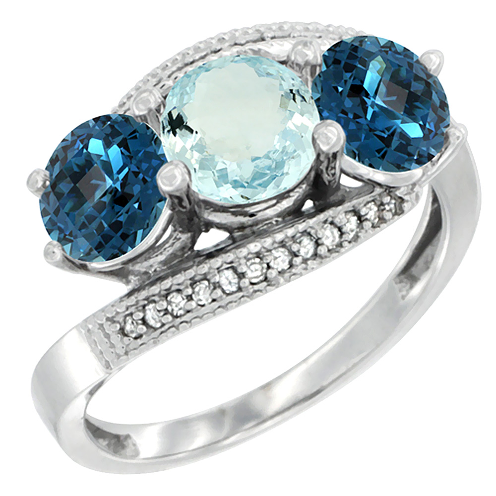 10K White Gold Natural Aquamarine & London Blue Topaz Sides 3 stone Ring Round 6mm Diamond Accent, sizes 5 - 10