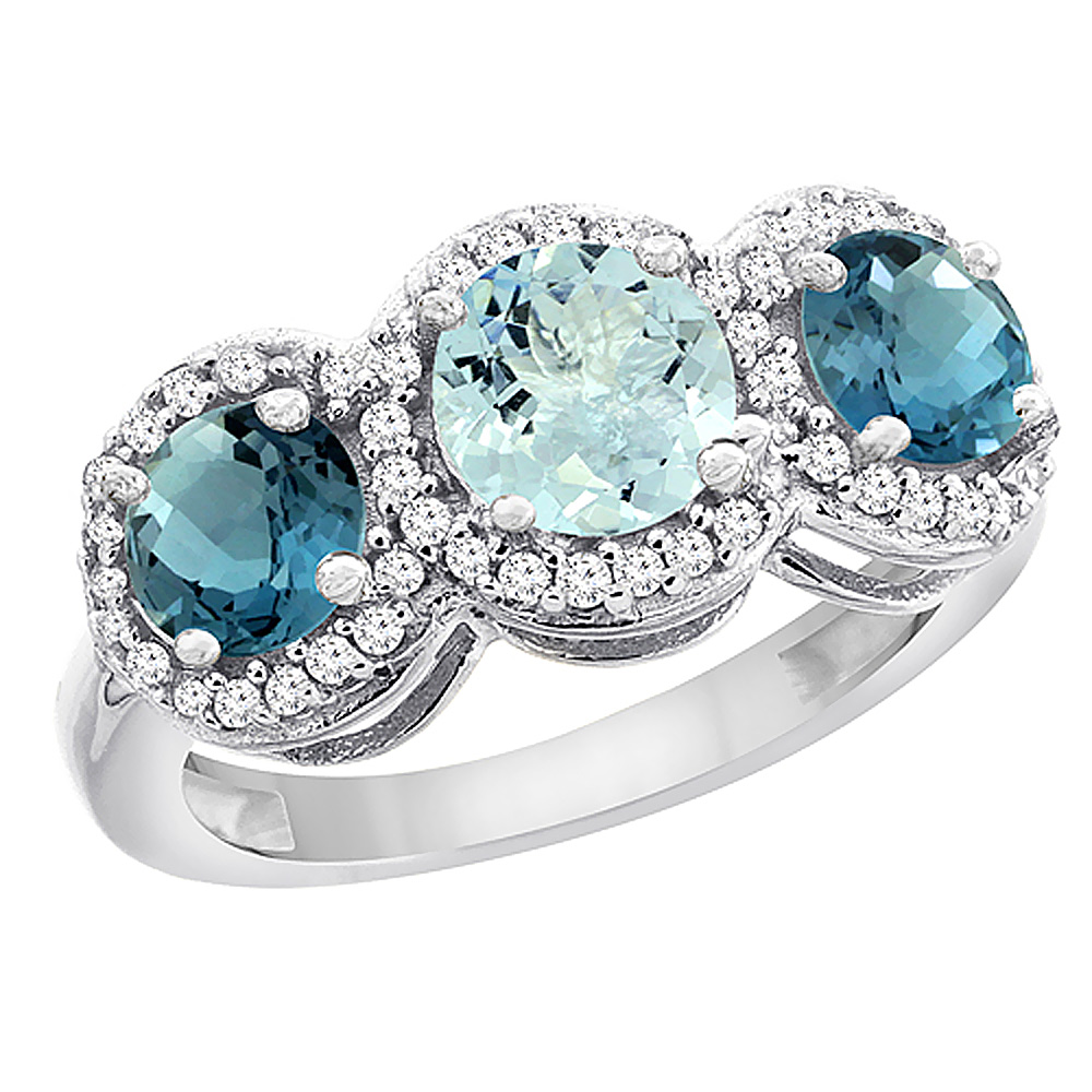 10K White Gold Natural Aquamarine & London Blue Topaz Sides Round 3-stone Ring Diamond Accents, sizes 5 - 10