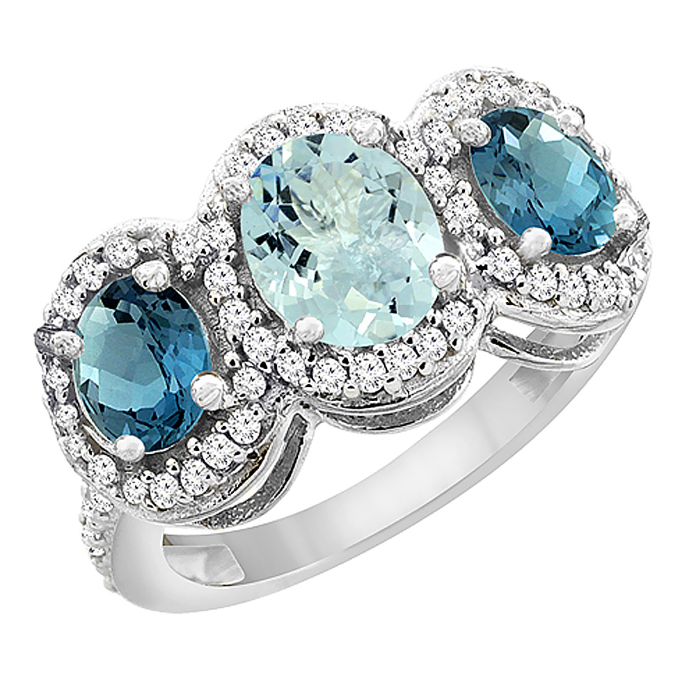14K White Gold Natural Aquamarine & London Blue Topaz 3-Stone Ring Oval Diamond Accent, sizes 5 - 10