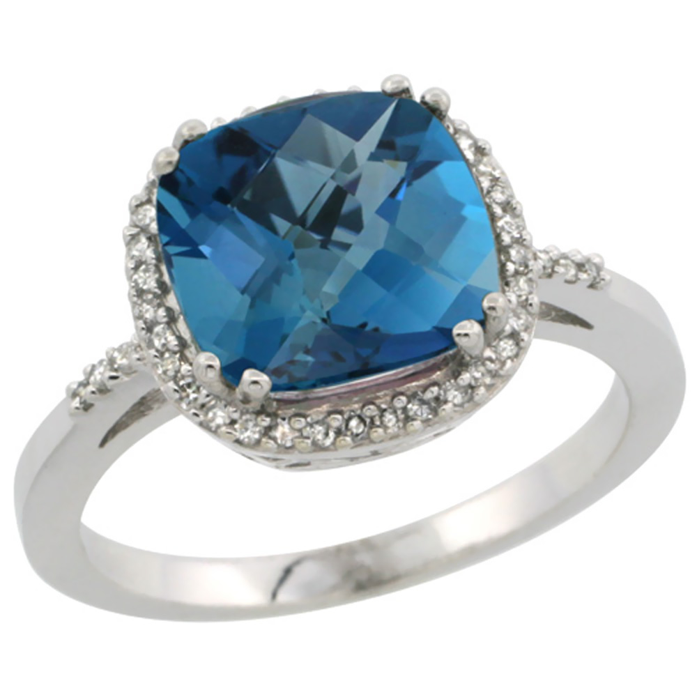 14K White Gold Diamond Natural London Blue Topaz Ring Cushion-cut 9x9mm, sizes 5-10