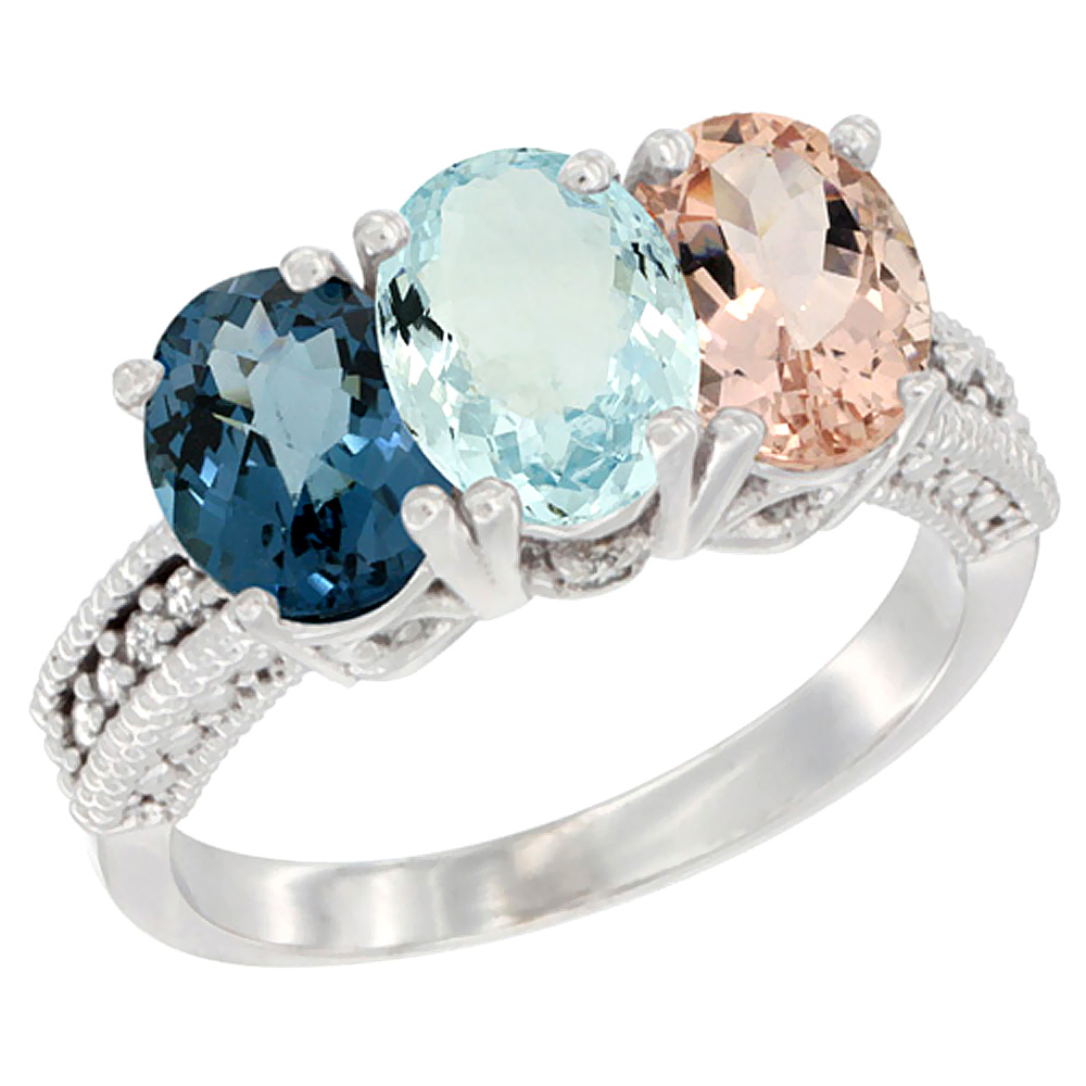 10K White Gold Natural London Blue Topaz, Aquamarine &amp; Morganite Ring 3-Stone Oval 7x5 mm Diamond Accent, sizes 5 - 10