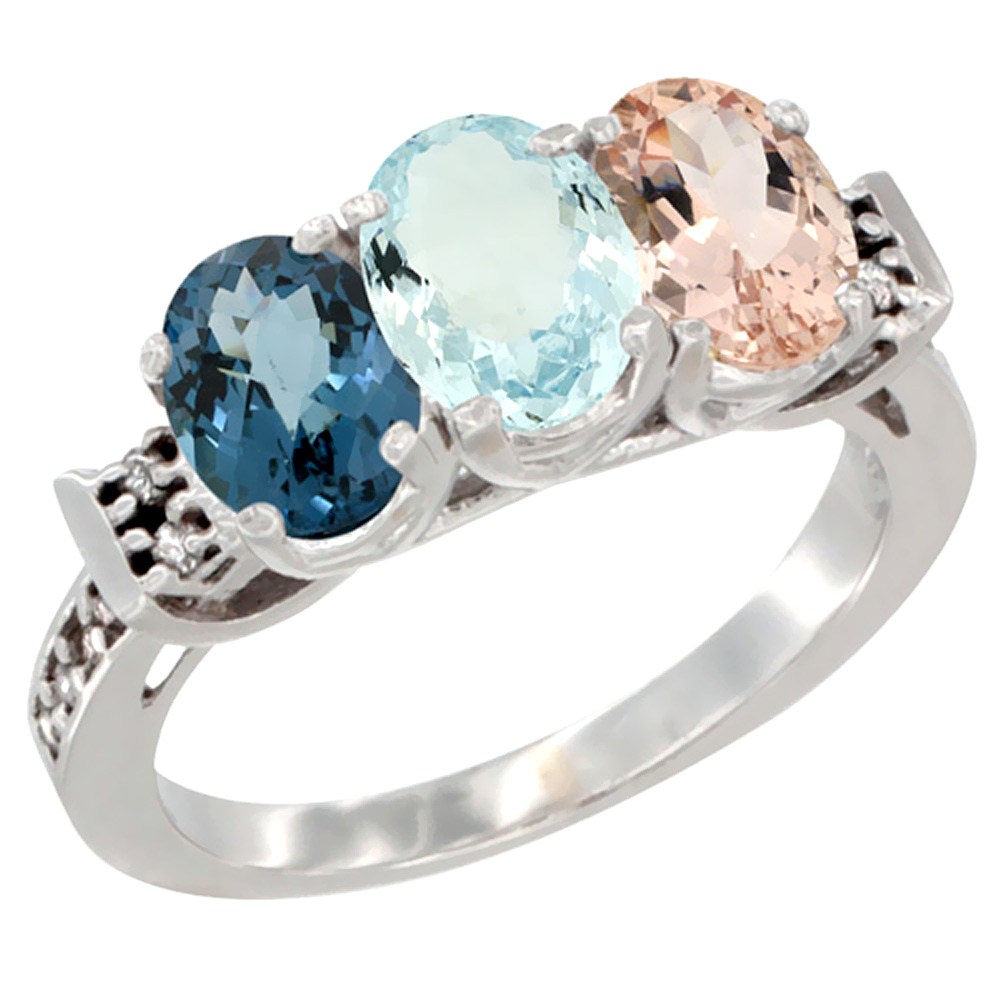 10K White Gold Natural London Blue Topaz, Aquamarine & Morganite Ring 3-Stone Oval 7x5 mm Diamond Accent, sizes 5 - 10