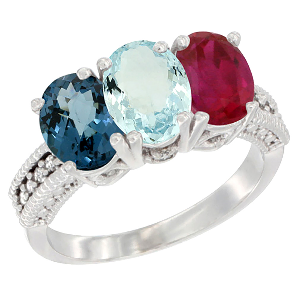 10K White Gold Natural London Blue Topaz, Aquamarine & Ruby Ring 3-Stone Oval 7x5 mm Diamond Accent, sizes 5 - 10