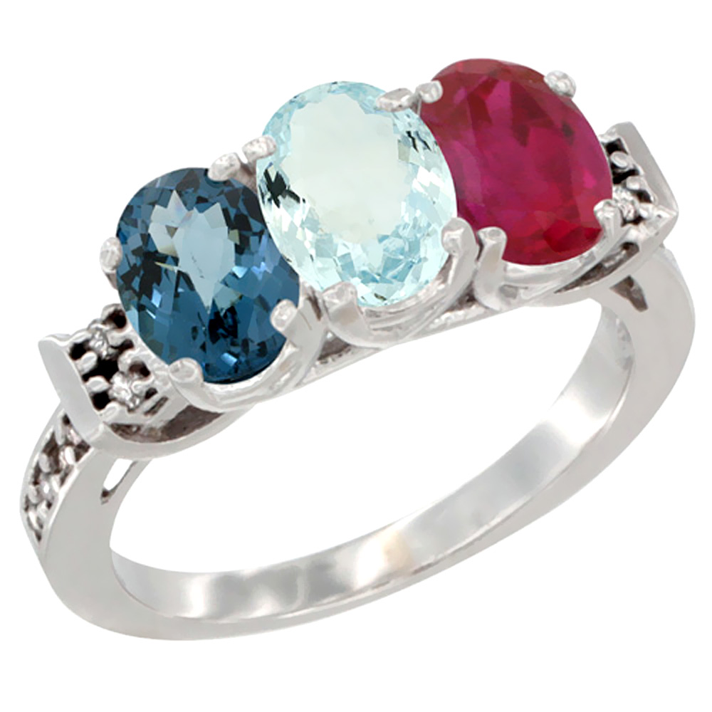 14K White Gold Natural London Blue Topaz, Aquamarine & Enhanced Ruby Ring 3-Stone 7x5 mm Oval Diamond Accent, sizes 5 - 10