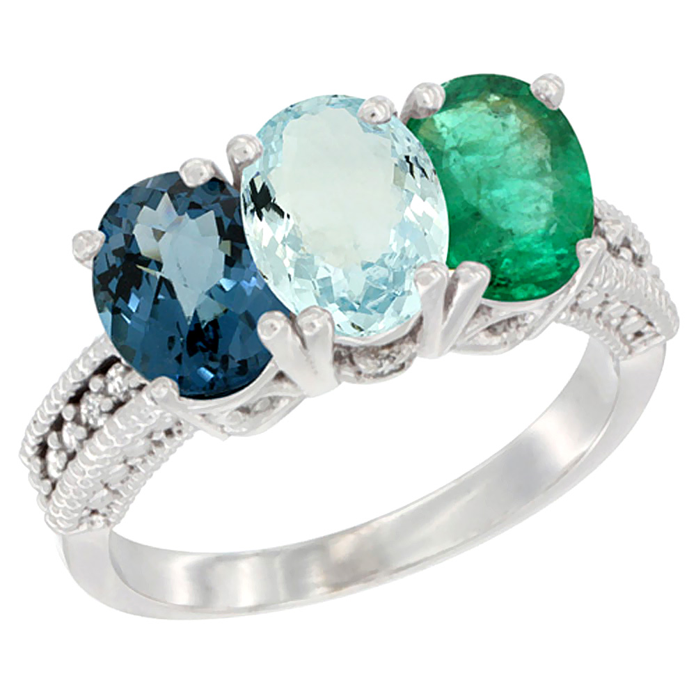 10K White Gold Natural London Blue Topaz, Aquamarine &amp; Emerald Ring 3-Stone Oval 7x5 mm Diamond Accent, sizes 5 - 10